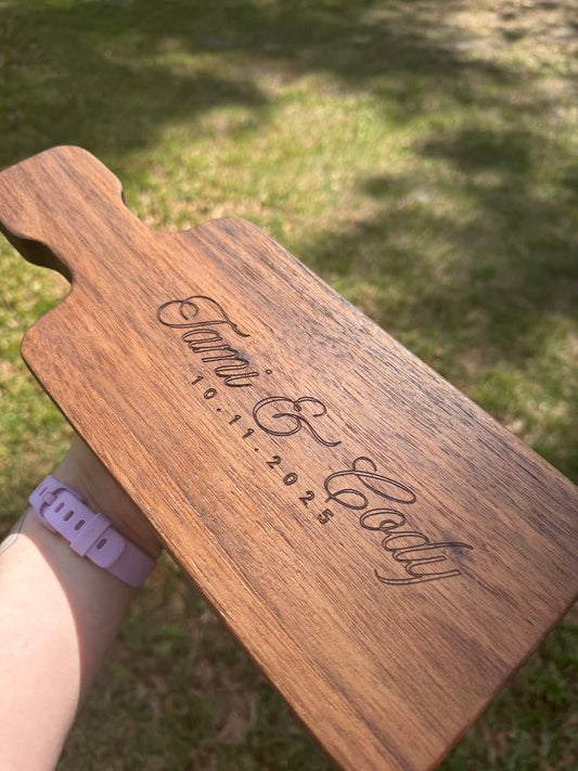 Home made and engraved black walnut charcuterie board for wedding favors at southern style wedding | Workbench Memories